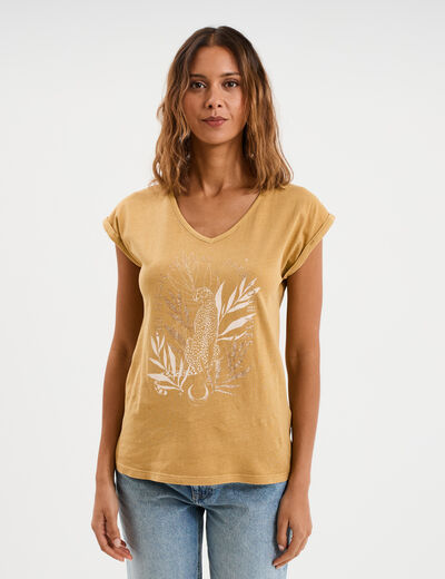 T-shirt coton col en V manches courtes beige moyen femme