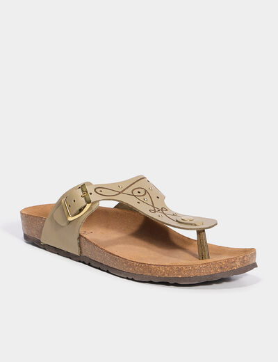 Mules plates perforées en cuir vert kaki femme