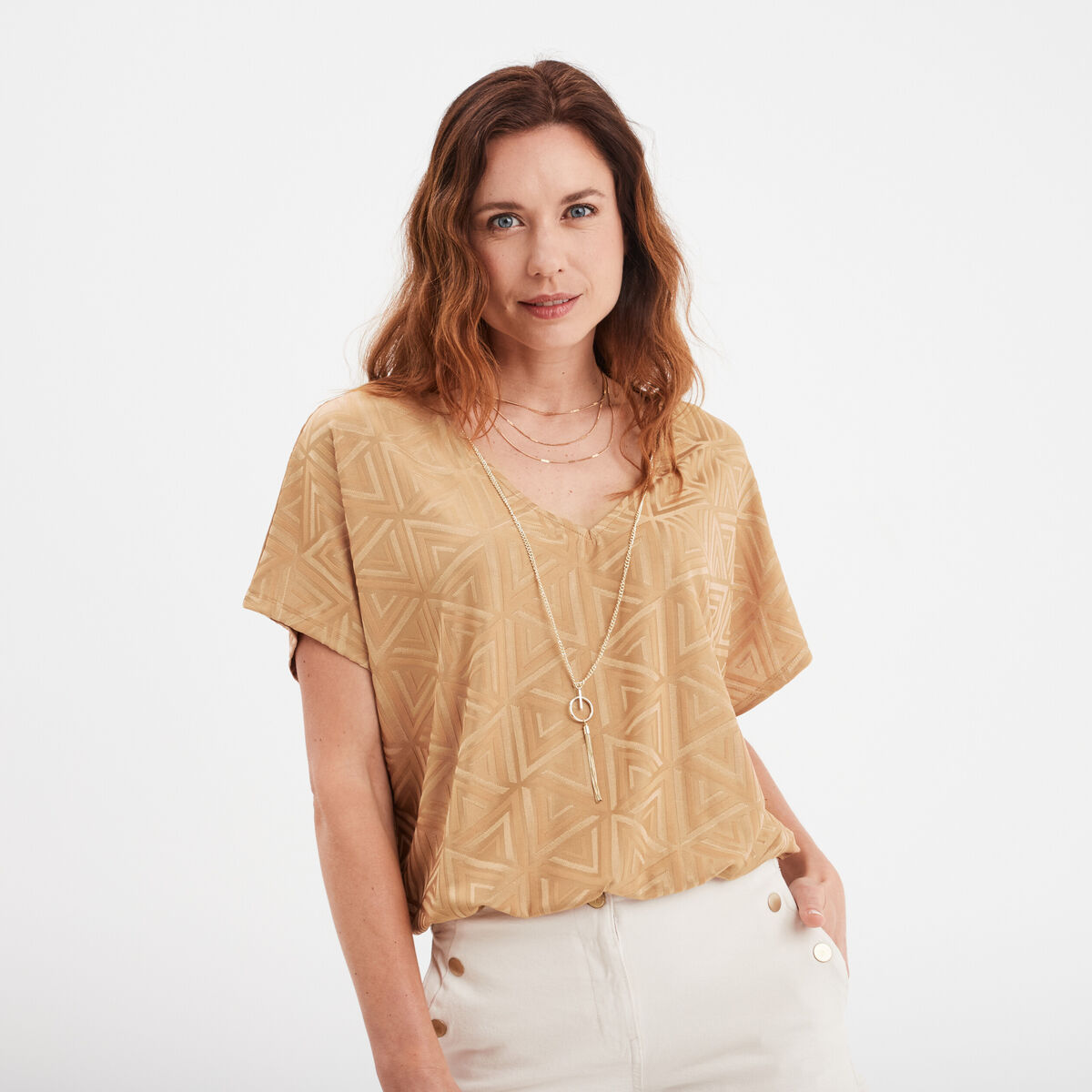 T-shirt col en V bijou Mosquitos marron clair femme