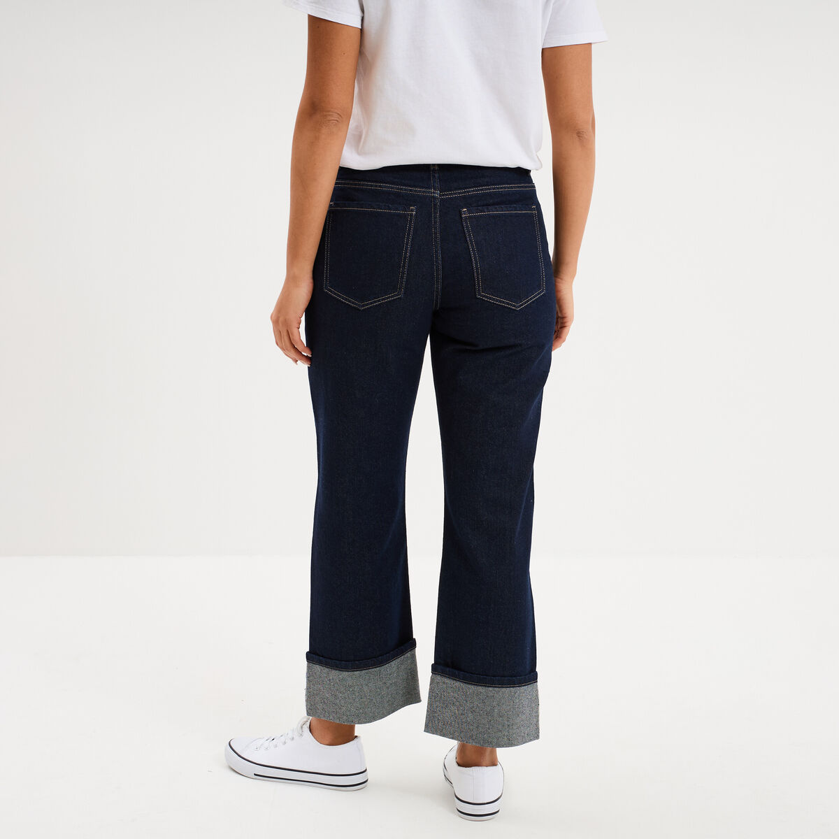 Jean droit cropped bas revers denim brut femme