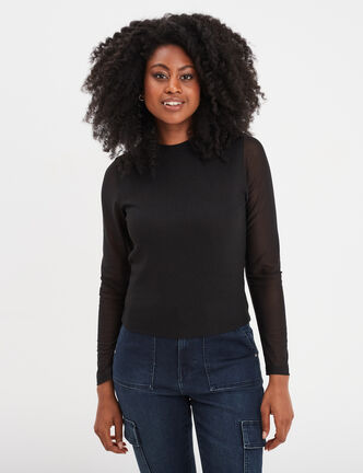 T-shirt côtelé manches longues noir femme