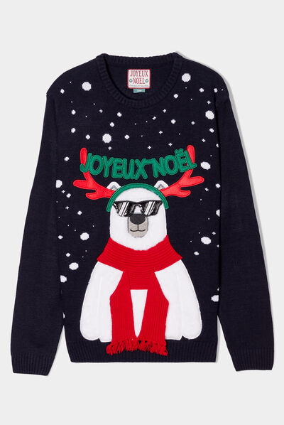 Pull de Noël détails fausse fourrure bleu marine homme