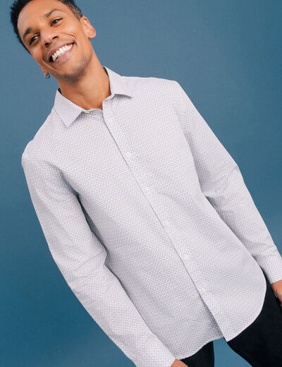 Chemise droite imprimée manches longues ecru homme