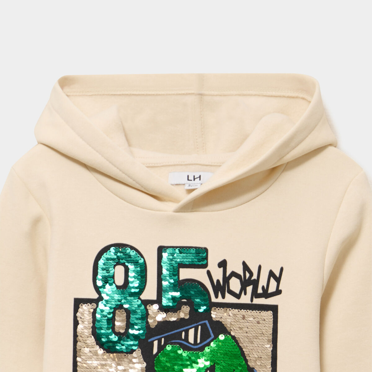 Sweat hoodie capuche sequins r&eacute;versibles ecru gar&ccedil;on