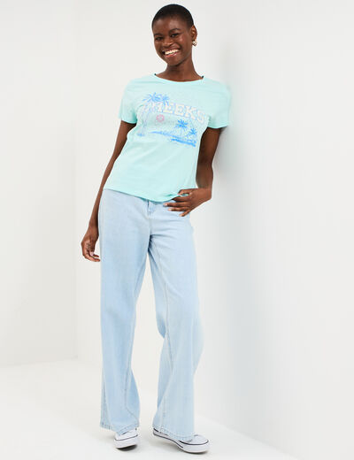 T-shirt manches courtes col rond coton bleu turquoise femme