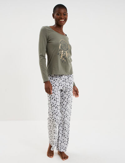 Ensemble pyjama t-shirt pantalon coton vert kaki femme