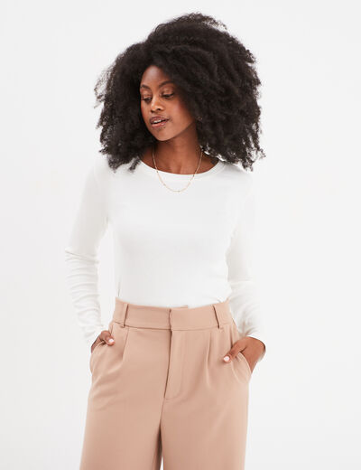 T-shirt col rond manches longues blanc femme