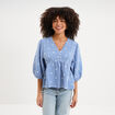 Blouse brod&eacute;e &agrave; basque manches 3/4 bleu marine femme