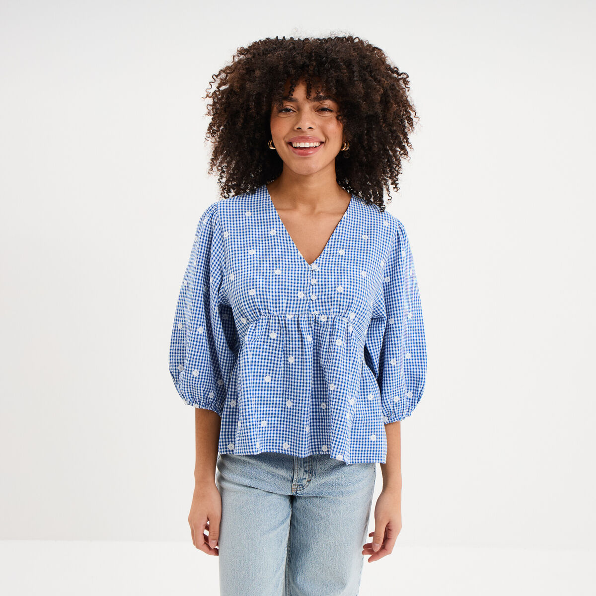 Blouse brod&eacute;e &agrave; basque manches 3/4 bleu marine femme