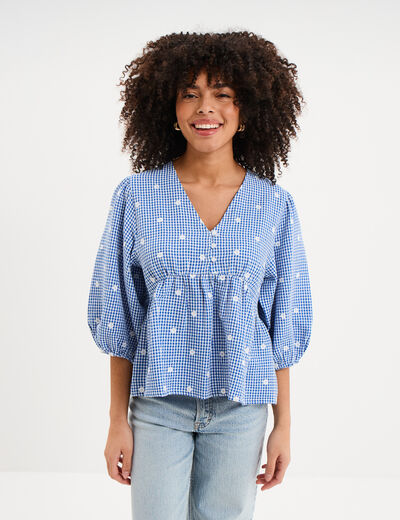 Blouse brod&eacute;e &agrave; basque manches 3/4 bleu marine femme