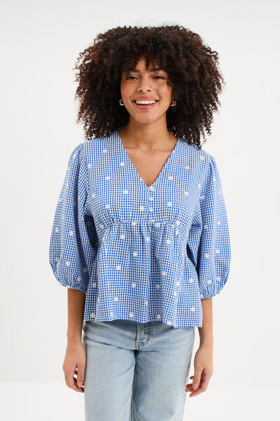 Blouse brod&eacute;e &agrave; basque manches 3/4 bleu marine femme