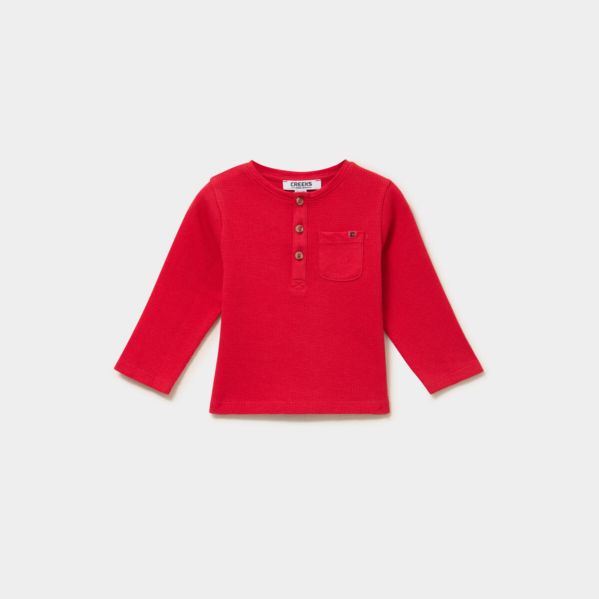 T-shirt col tunisien manches longues rouge b&eacute;b&eacute; gar&ccedil;on