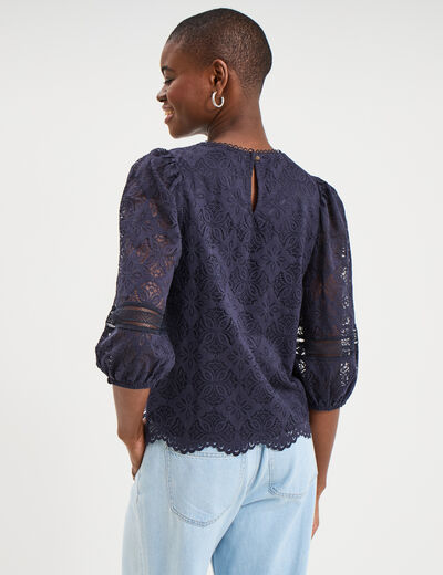 Blouse dentelle manches 3/4 bleu fonc&eacute; femme