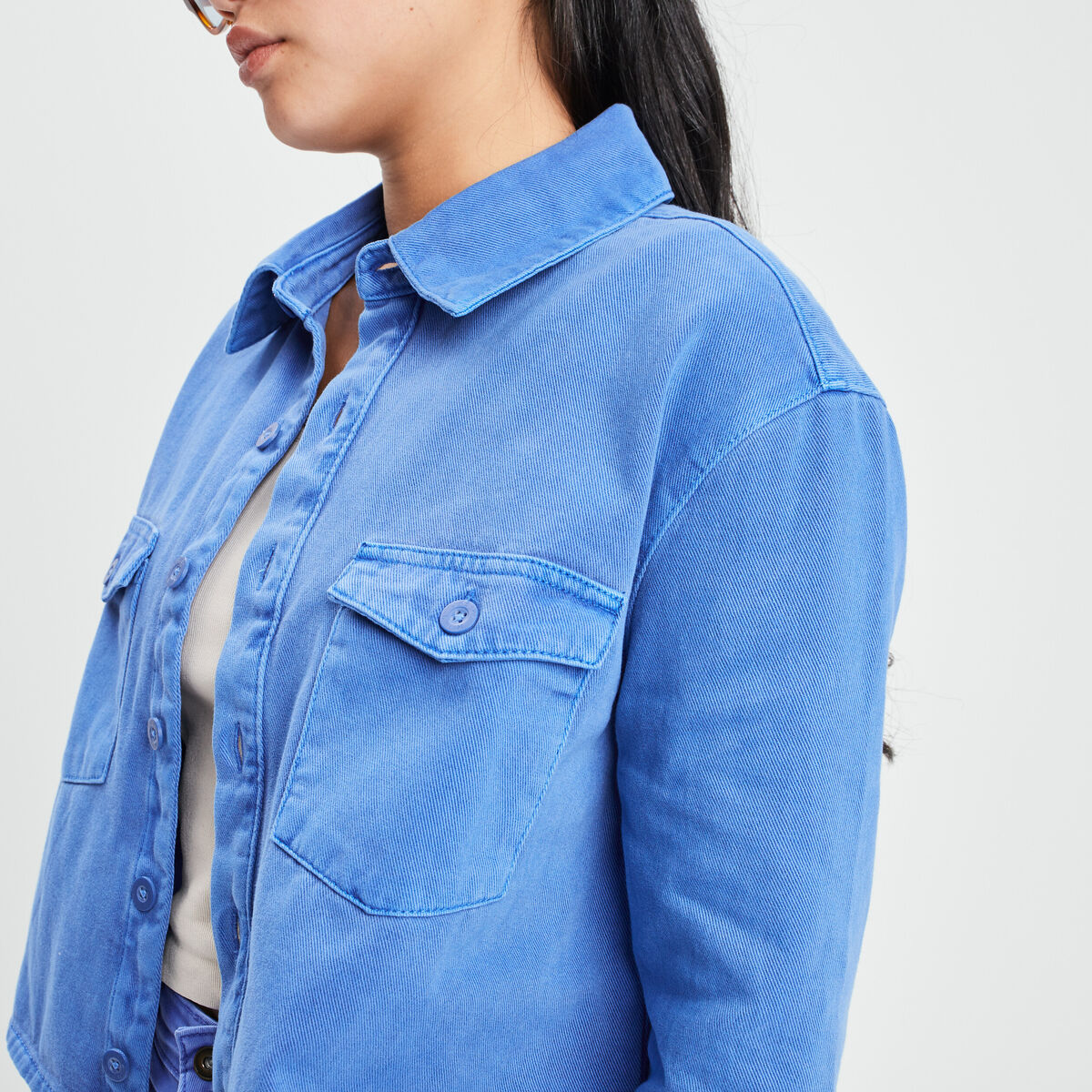 Surchemise cropped manches longues bleu electrique femme