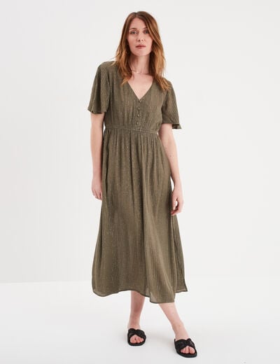 Robe longue empire fils métallisés coton vert kaki femme
