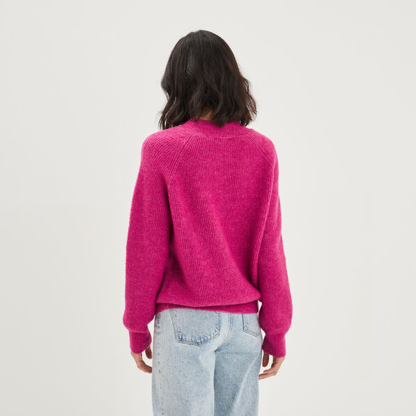 Pull col rond avec boutons rose fushia femme