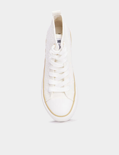Tennis montantes &agrave; lacets en toile ivoire femme