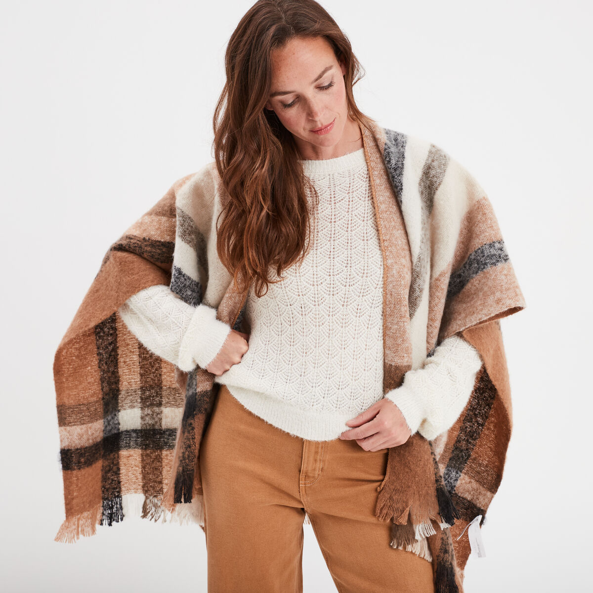 Poncho avec franges marron femme