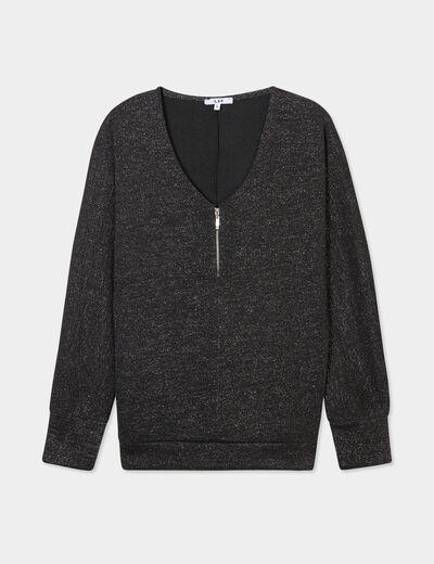 Pull chauve-souris col en V détail zippé noir femme