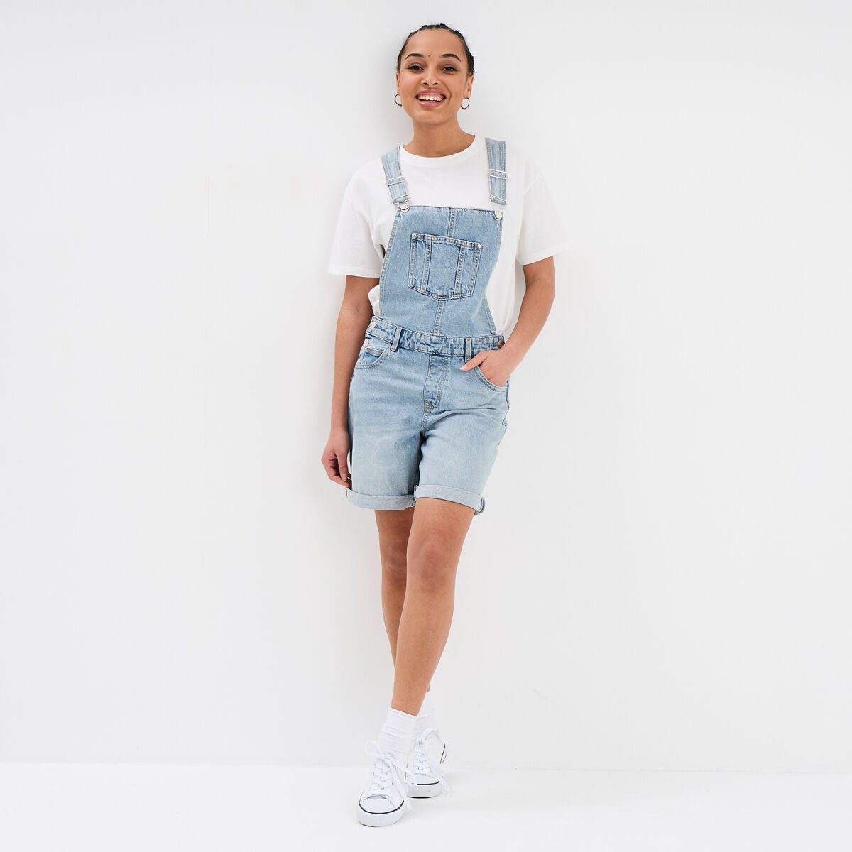 Combishort en jean coton denim triple stone femme