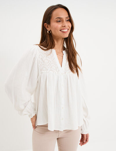 Blouse brod&eacute;e col tunisien coton blanc femme