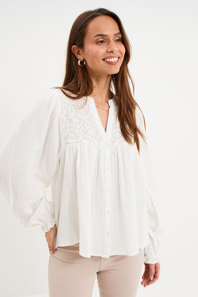 Blouse brod&eacute;e col tunisien coton blanc femme
