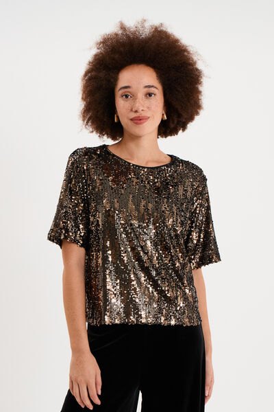 T-shirt &agrave; sequins manches courtes couleur cuivre femme