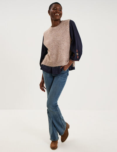 Blouse brod&eacute;e oversize manches 3/4 bleu fonc&eacute; femme
