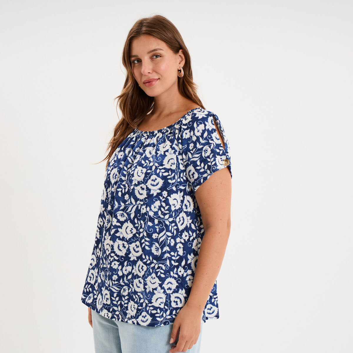 T-shirt gaufr&eacute; avec manches &agrave; noeuds bleu marine femme grande taille