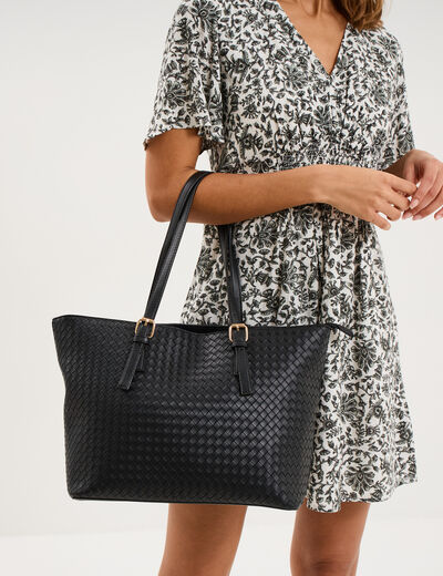 Sac cabas effet tress&eacute; noir femme
