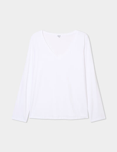 T-shirt col en V manches longues coton blanc femme grande taille