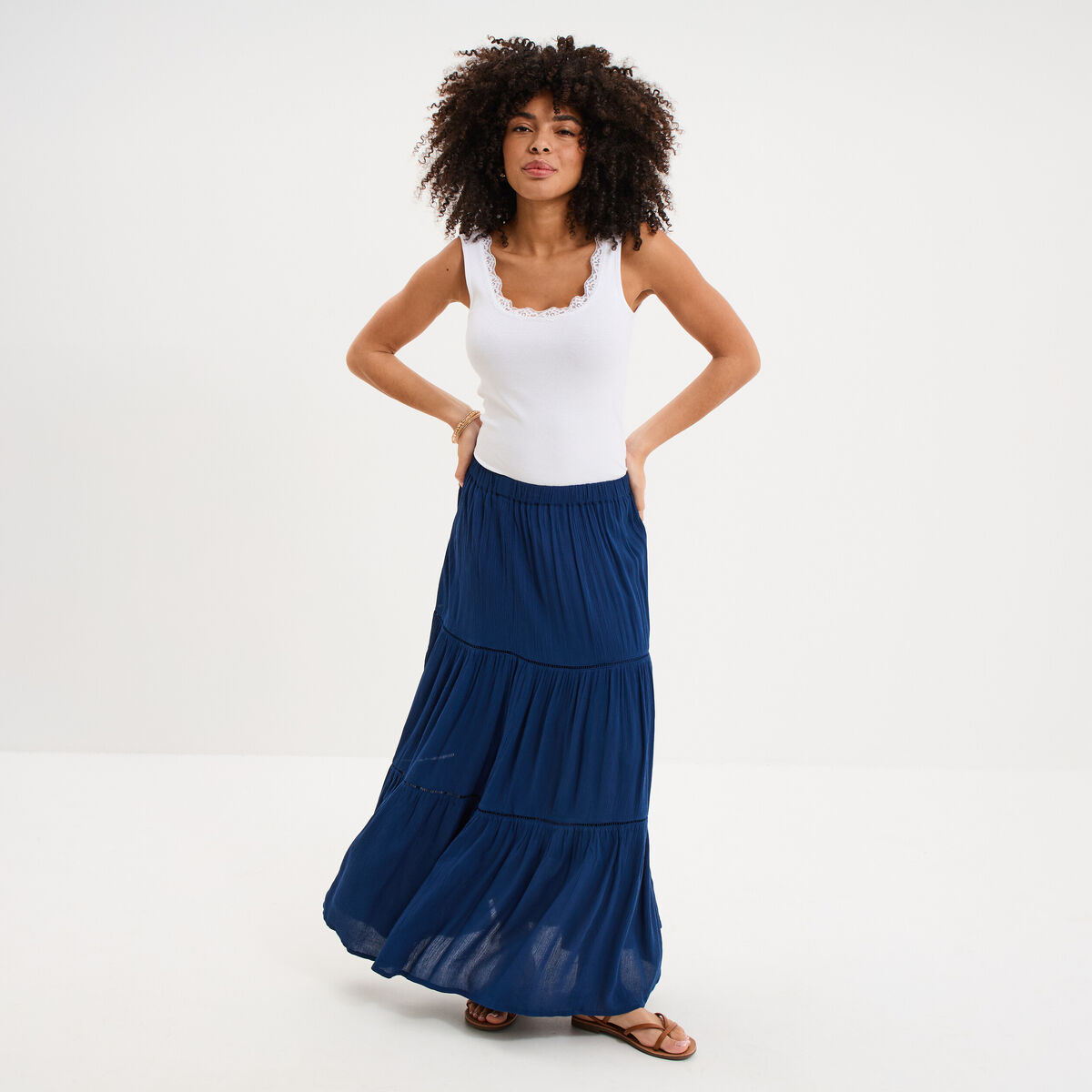 Jupe longue fluide taille &eacute;lastiqu&eacute;e bleu marine femme