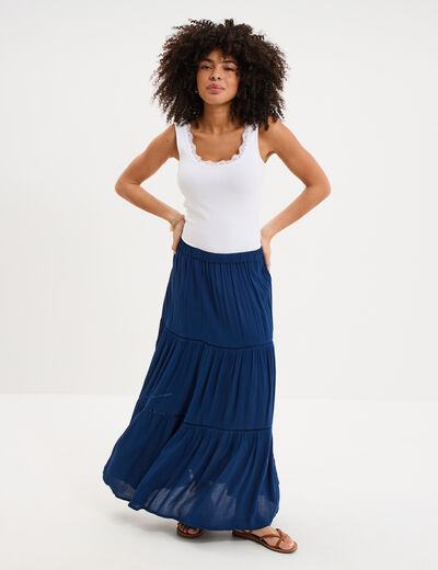 Jupe longue fluide taille &eacute;lastiqu&eacute;e bleu marine femme