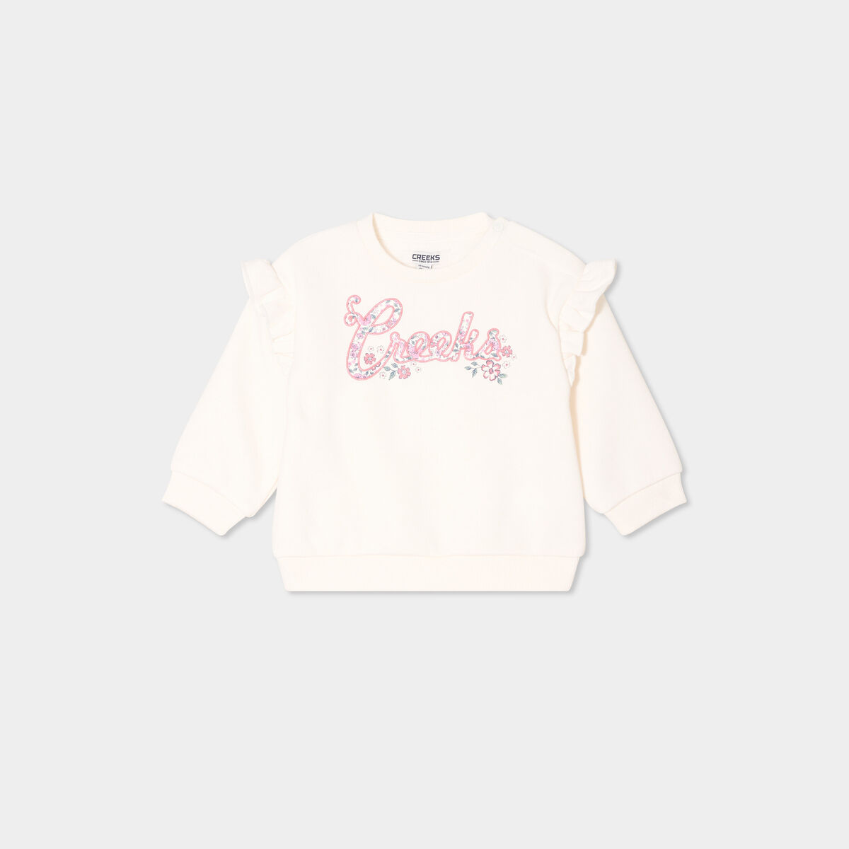 Sweat volants et d&eacute;tails brod&eacute;s Creeks creme b&eacute;b&eacute; fille