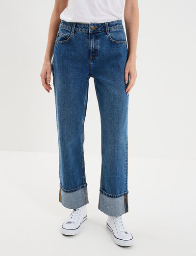 Jean droit cropped bas revers denim stone femme