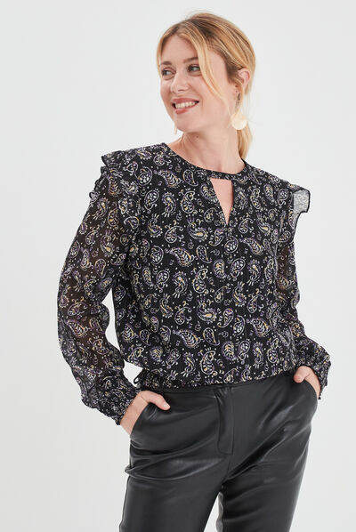 Blouse à volants bords smockés Liberto noir femme