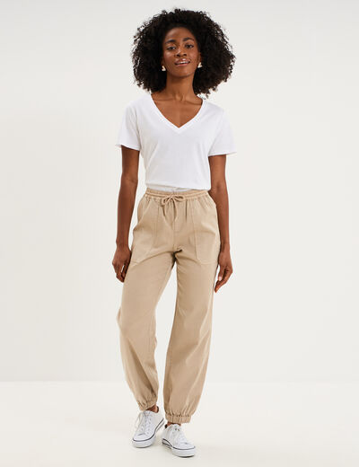 Pantalon molleton cargo droit cropped beige femme