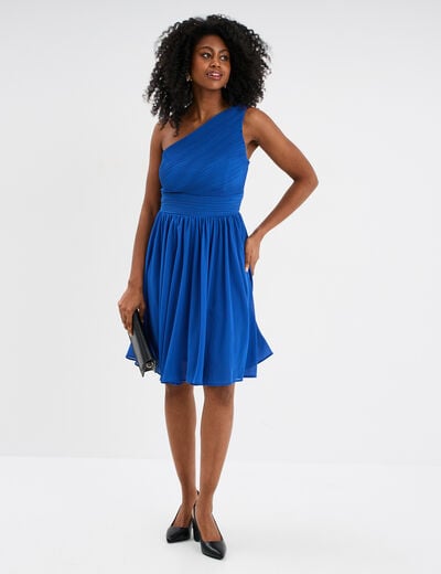 Robe courte asymétrique plissée bleu roi femme