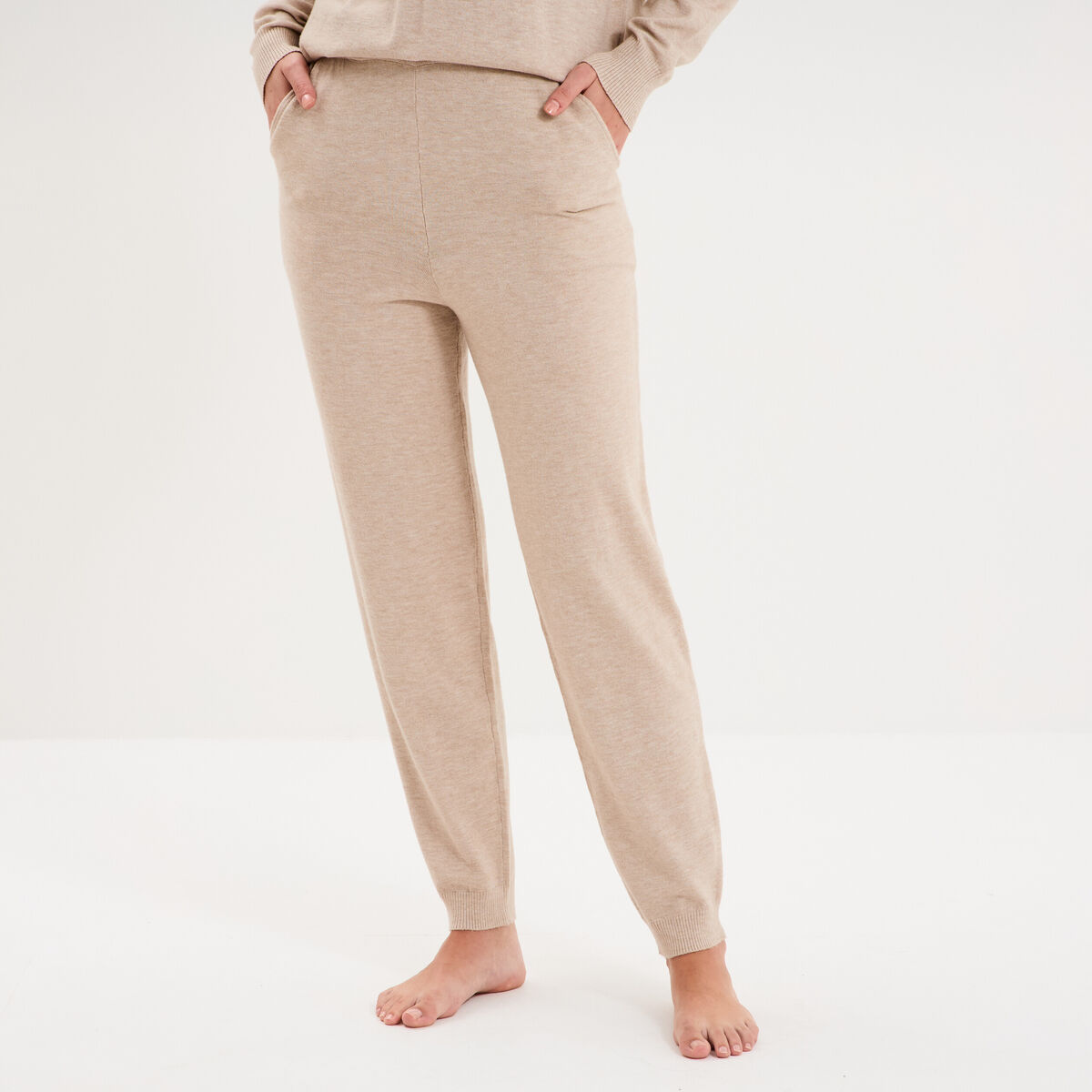 Bas de pyjama jogger en maille beige femme