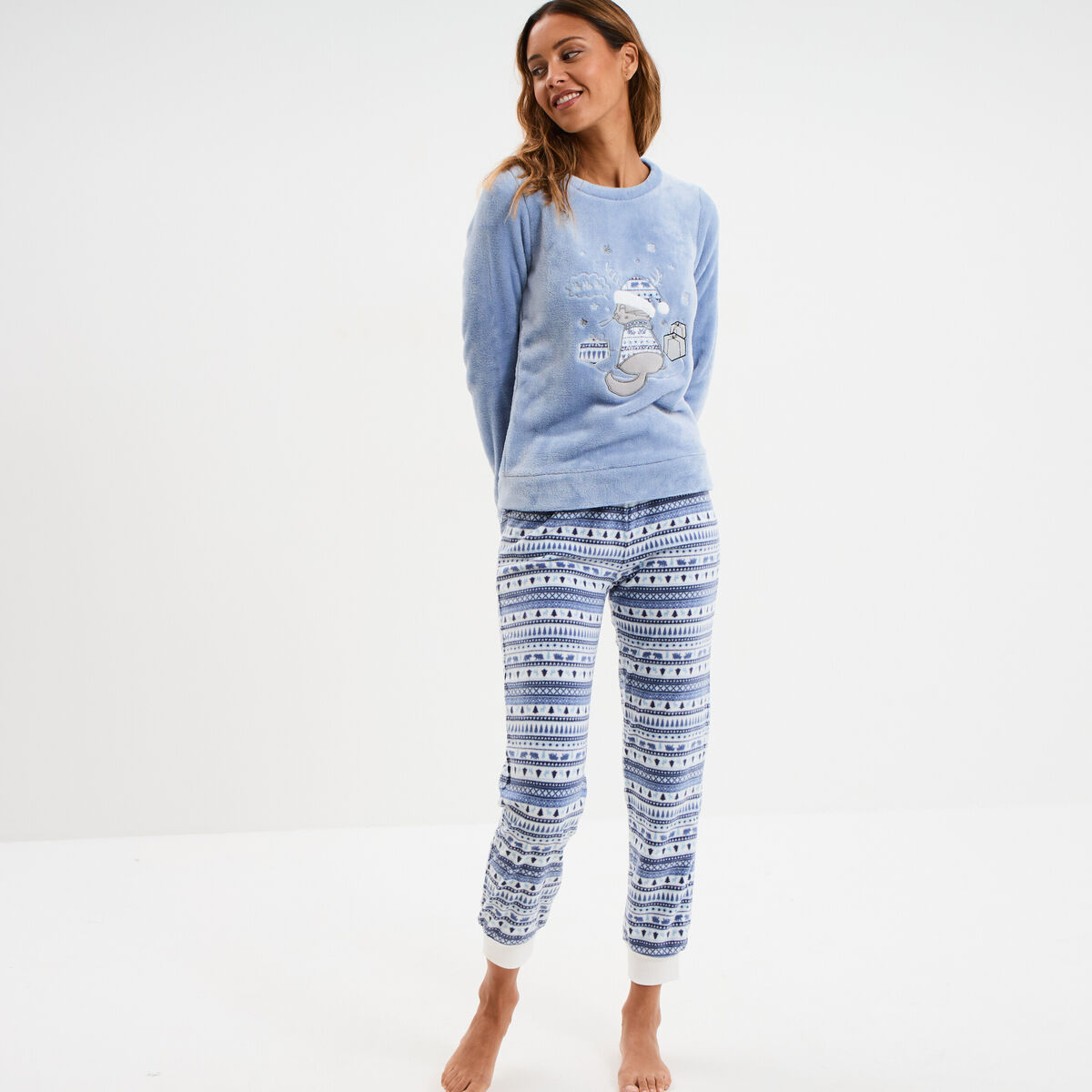 Ensemble pyjama pantalon effet velours bleu clair femme