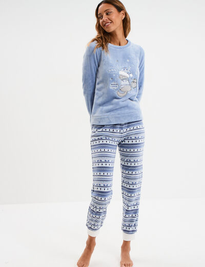 Ensemble pyjama pantalon effet velours bleu clair femme