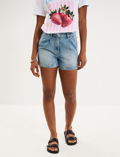 Short en jean avec pinces coton denim double stone femme