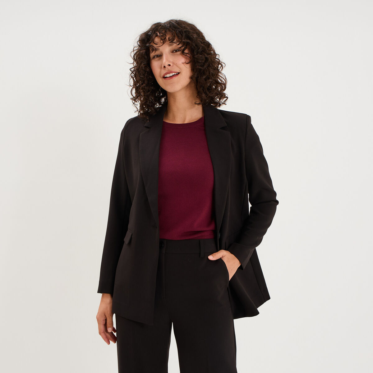Blazer ajust&eacute; mi-long 1 bouton noir femme