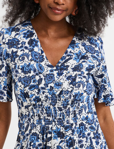 Robe col en V taille smockée Creeks blanc femme