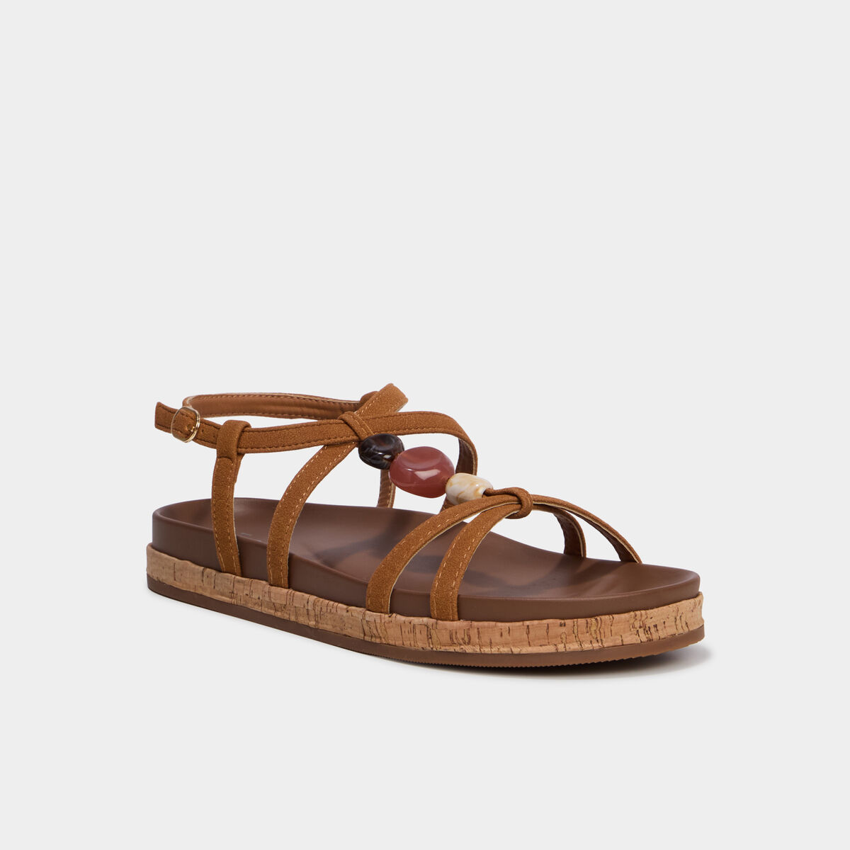 Sandales plates avec d&eacute;tails perles marron femme