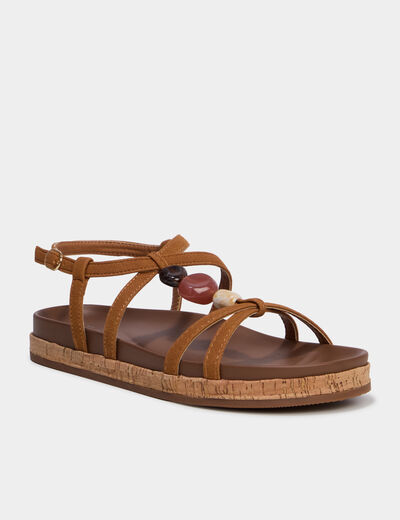 Sandales plates avec d&eacute;tails perles marron femme