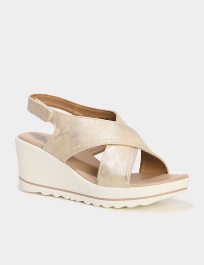Sandales compensées brides croisées jaune or femme