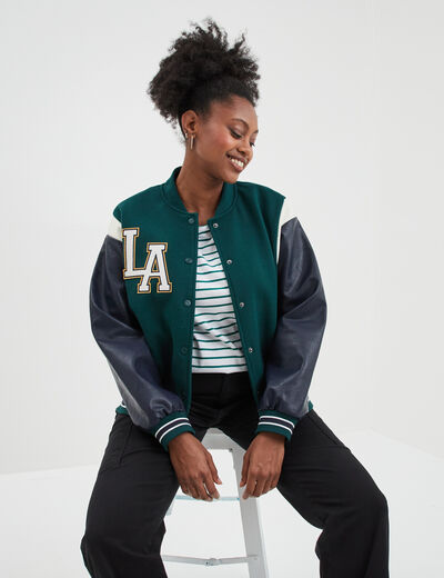 Veste teddy manches simili cuir Creeks vert émeraude femme