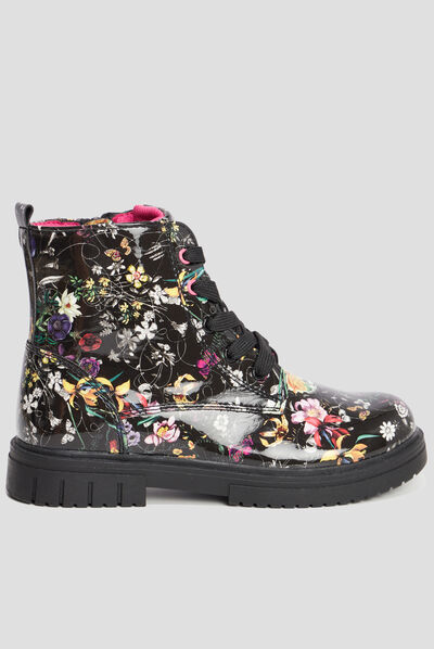 Bottines vernies crantées motif fleurs noir fille