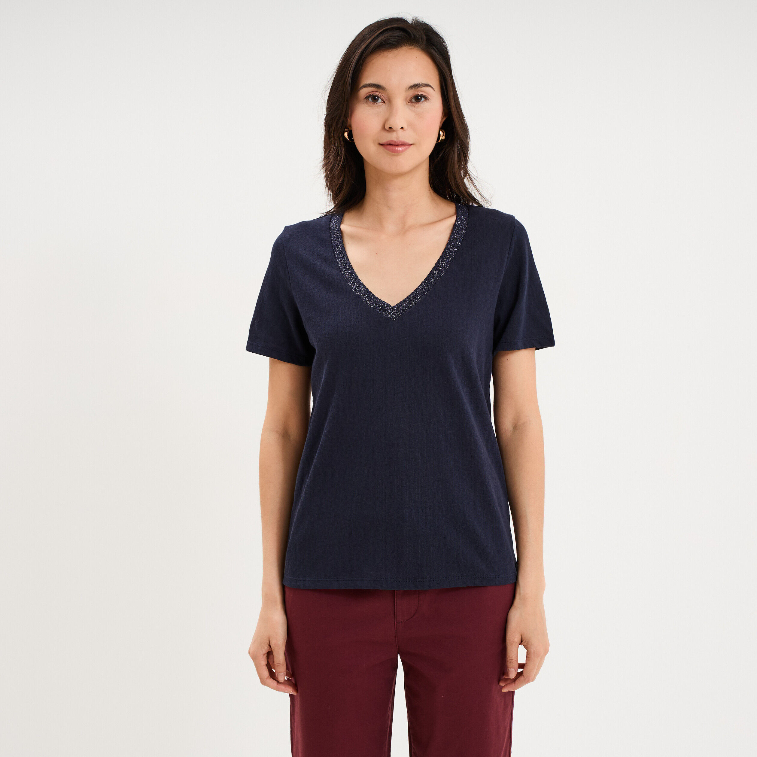 T-shirt col en V manches courtes bleu foncé femme LH